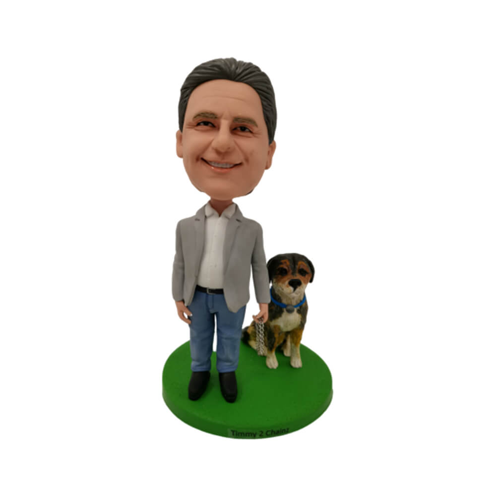 Macho y Su Mascota Gato y Perro Figura Personalizada de Arcilla Hecha a Mano